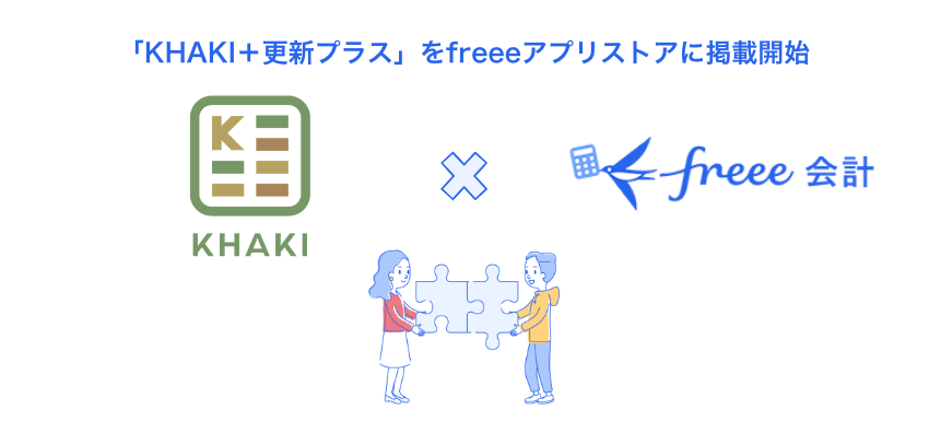 「KHAKI ＋ 更新プラス」をfreeeアプリストアに掲載開始と書かれたロゴ